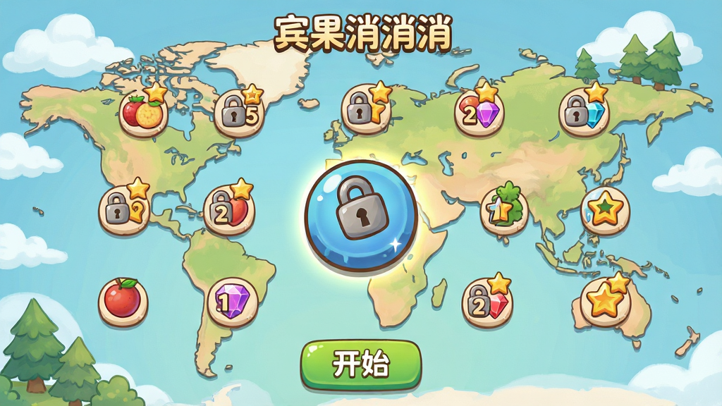 主体:宾果消消消游戏关卡选择界面,显示一张世界地图,地图上分布着许多小关卡节点,部分节点带有锁和星星标志。布局:地图纵向延伸,当前关卡节点放大显示,下方有“开始”按钮。排版:关卡节点排列有序,数字清晰可见,整体布局直观易操作。风格:卡通手绘风格,地图色彩柔和,场景丰富。细节:画面中标注“宾果消消消”字样,关卡节点上有水果、宝石等图标,背景有云朵和树木。画质:高清画质,干净,无多余元素。