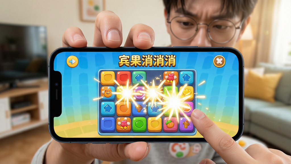 主体:一位玩家正在使用手机玩宾果消消消,手指点击屏幕上的方块,画面产生消除特效,手机屏幕上显示“宾果消消消”字样。布局:手机在画面中央,玩家手指位于屏幕上方,背景为模糊的室内环境。排版:手机屏幕清晰显示游戏画面,特效光效突出。风格:写实与卡通结合,光线明亮,氛围轻松。细节:手机屏幕上的方块色彩斑斓,消除时出现闪光,玩家表情专注。画质:高清画质,干净,无多余元素。