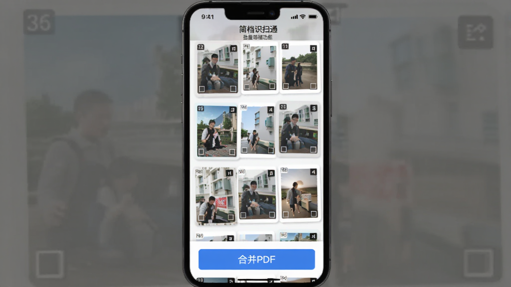 ���壺�ֻ�����չʾ����ʶɨͨ��������ɨ�蹦�ܣ�����ͼƬ��˳����������Ļ�ϣ��·��С��ϲ�PDF����ť������Ϊ�б�ʽ������ƽ����ϸ�ڰ���ÿ��ͼƬ������ҳ���ǣ����ʸɾ����޶���Ԫ�ء�