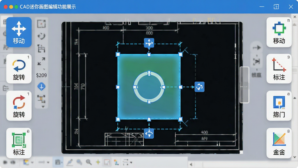 ���壺CAD���㻭ͼ�༭����չʾ����������ʾͼֽԪ�ر�ѡ�У���Χ�б༭����ͼ�꣬���ƶ�����ת����ע�ȡ����֣�ͼֽ���У�����ͼ�껷���ڲ�ߡ��Ű棺��������������ͼ����������ʾ���ƶ���������ת��������ע������񣺱�ƽ��UI��ƣ�ɫ�����죬ͼ���ࡣϸ�ڣ�ѡ��Ԫ�ظ�����ʾ����ע�����������ʣ�����ɾ����޶���Ԫ�ء�