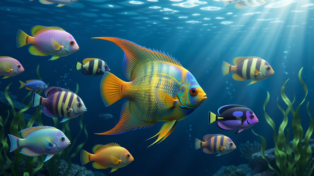 ���壺�λ�ˮ����������һȺɫ�ʰ�쵵��ȴ�������ˮ���ζ�������������һ���ϴ�����������Ρ����֣���Ⱥ�������ͷֲ����Ҳ��й������䣬����Ϊ����ɫ��ˮ���Ű棺��Ⱥ���д������£����η��������дʵ3D��Ⱦ����Ӱ��Ȼ��ϸ�ڣ����۷��⣬ˮ�沨�����ԣ�ˮ����ˮ��ҡҷ�����ʣ�4K�ֱ��ʣ�����ɾ����޶���Ԫ�ء�
