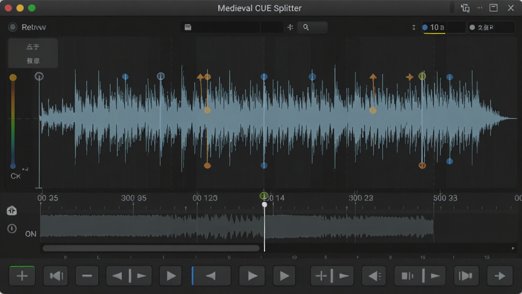 ���壺Medieval CUE Splitter �༭���棬��ʾ������ʱ���ᡣ���֣��Ϸ�Ϊ���Σ��·�Ϊ���ư�ť���Ű棺������������רҵ��Ƶ�������ϸ�ڣ��������б�ǵ㣬����Ϊ���ɫ�����ʣ��������ȣ��ɾ����޶���Ԫ�ء�