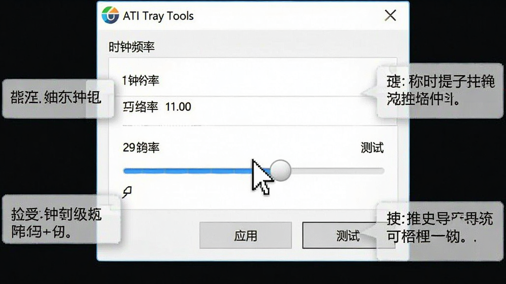 һ����������������ʾ��ͼ��ͼƬ����ΪATI Tray Tools�ġ�ʱ��Ƶ�ʡ�������壬���ָ�����϶�Ƶ�ʻ��飬�·��С�Ӧ�á��롰���ԡ���ť���������࣬���ֱ�ǩ�����ɼ�����Χ�а�͸����˵����ע��������裬���岼�ֺ���������ѧ�������ʸɾ����޶���Ԫ��