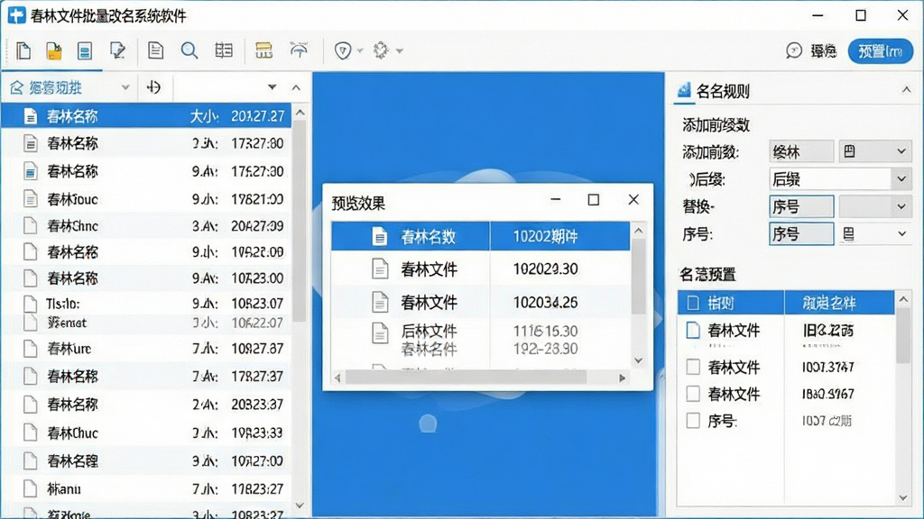 主体:春林文件批量改名系统软件界面,布局:左侧为文件列表区域,右侧为命名规则设置面板,中间为预览效果窗口,排版:清晰的功能分区,上下结构,顶部为菜单栏和工具栏,风格:现代简约,蓝白配色,界面干净整洁,细节:文件列表显示文件名、大小、修改日期,命名规则面板包含添加前缀、后缀、替换、序号等选项,预览窗口实时显示新旧文件名对比,画质:高清,干净,无多余元素