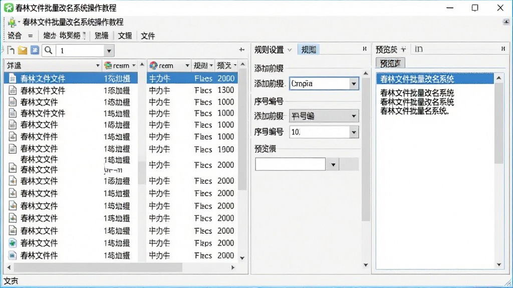 主体:春林文件批量改名系统操作教程截图,布局:软件主界面完整展示,包含文件列表、规则设置、预览区域,排版:清晰明了,风格:真实截图风格,细节:文件列表中有多个文件,规则设置为“添加前缀”和“序号编号”,预览显示新文件名,画质:清晰,干净,无多余元素