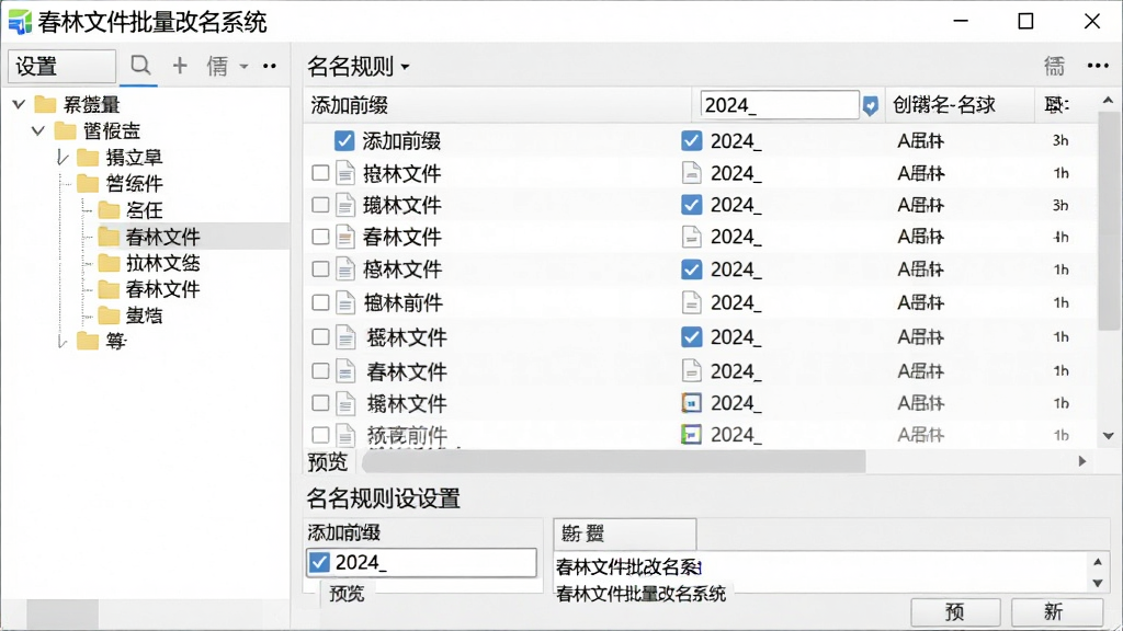 主体:春林文件批量改名系统批量重命名操作界面,布局:左侧文件夹树,右侧文件列表,底部为命名规则设置,排版:左右结构,层次分明,风格:商务简约,浅灰色背景,细节:文件列表展示多个文件,命名规则面板勾选“添加前缀”并输入“2024_”,预览栏显示新文件名,画质:清晰,干净,无多余元素