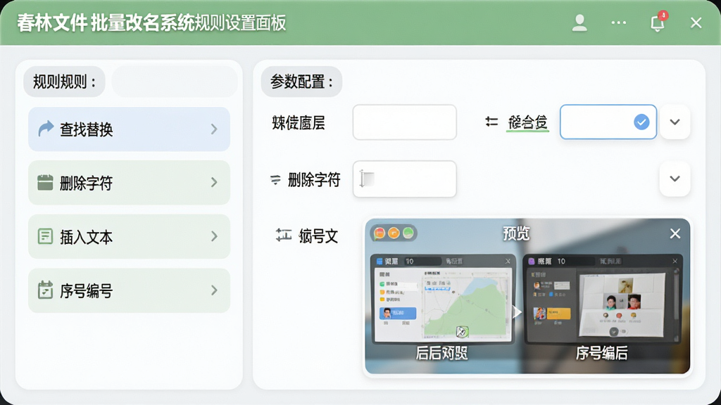 主体:春林文件批量改名系统规则设置面板,布局:左侧为规则列表,右侧为参数配置区,排版:上下排列,清晰直观,风格:浅色系,柔和圆角,细节:规则列表包含“查找替换”“删除字符”“插入文本”“序号编号”等选项,右侧显示具体参数输入框,预览窗口展示修改前后对比,画质:高清,干净,无多余元素