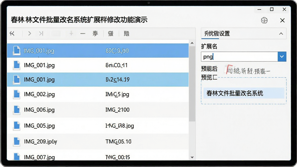 主体:春林文件批量改名系统扩展名修改功能演示,布局:文件列表显示多个文件,选中状态高亮,右侧为扩展名设置区,排版:简洁大方,风格:清爽素雅,细节:文件列表显示“IMG_001.jpg”等文件,扩展名设置框内输入“png”,预览栏显示修改后的文件名,画质:清晰,干净,无多余元素