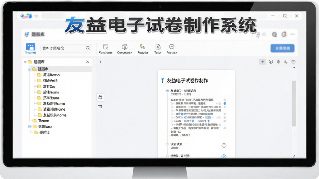 主视觉图:展示友益电子试卷制作系统的主界面,左侧为题库树状目录,右侧为试卷编辑区,上方为功能工具栏,整体风格简洁明亮,现代感强,界面干净无多余元素,画质清晰,突出软件名称“友益电子试卷制作系统”的logo标识