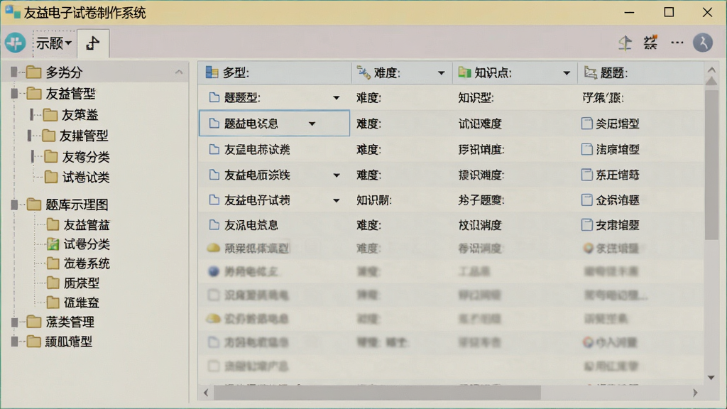 功能示意图:展示友益电子试卷制作系统的题库管理界面,左侧为多级分类目录,右侧为题目列表,包含题型、难度、知识点等列,界面布局清晰,色彩柔和,画质干净,无多余元素,软件名称“友益电子试卷制作系统”在标题栏显示