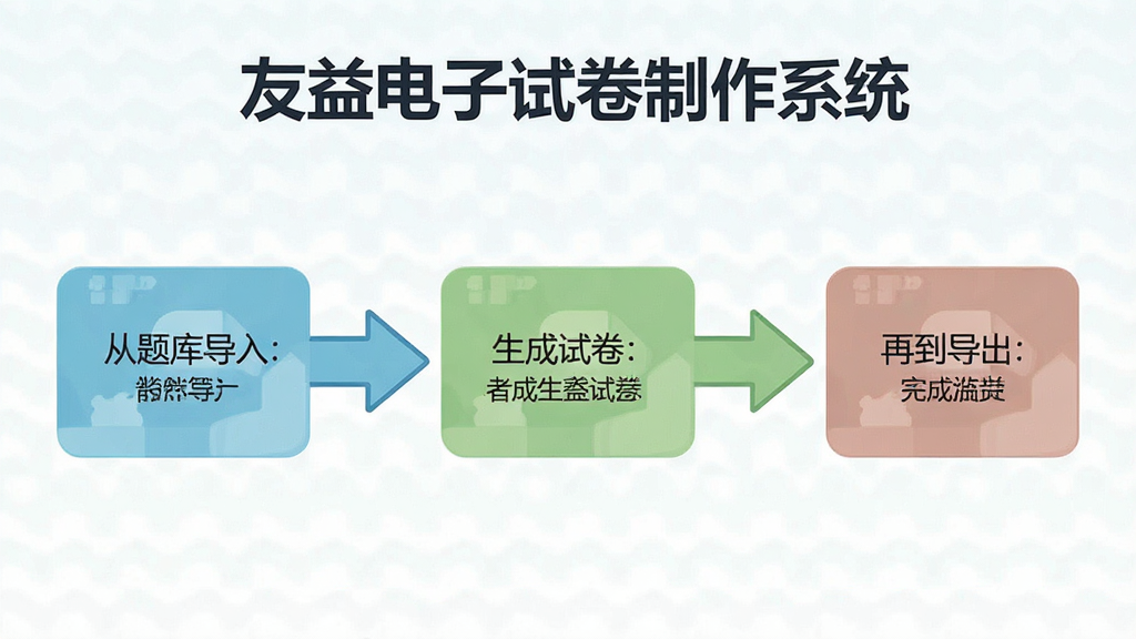 操作流程图:展示从题库导入到生成试卷再到导出的完整流程,以步骤式箭头图呈现,每个步骤配有简要文字说明,整体风格扁平化,色彩清新,画质清晰,无多余元素,包含“友益电子试卷制作系统”名称