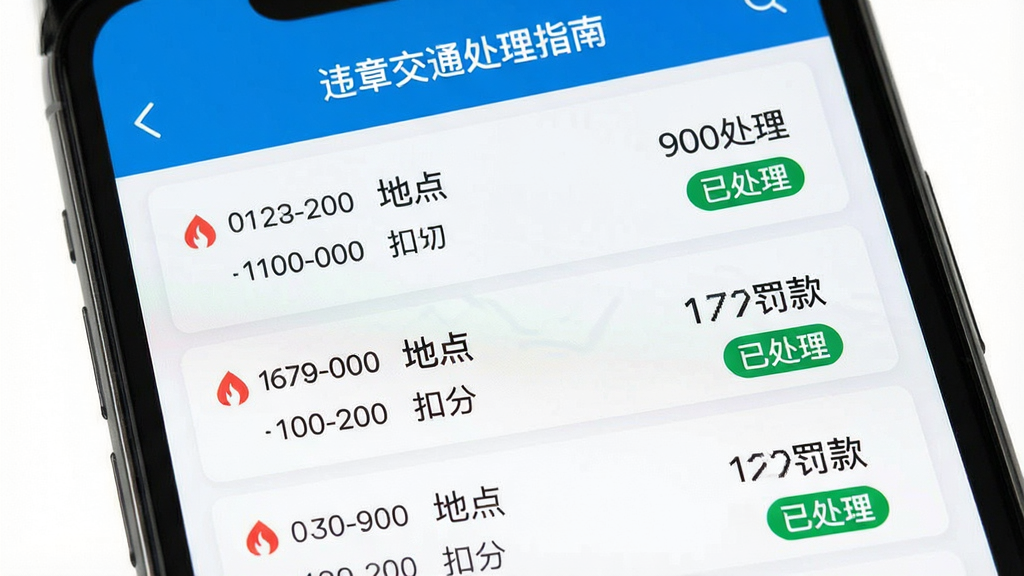 主体为手机屏幕特写,屏幕内展示“违章交通处理指南”的违章查询结果页面,包含多条违章记录列表,每条记录显示时间、地点、扣分和罚款。布局为手机居中,四周留白,界面清爽。排版采用列表式,风格扁平化,颜色以蓝白为主,细节包括红色违章标记和绿色已处理标记,画质干净,无多余元素。