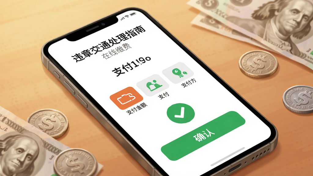 画面主体为手机支付界面,屏幕显示“违章交通处理指南”的在线缴费页面,有支付金额、支付方式图标和确认按钮。布局为手机平放,周围有纸币和硬币点缀。风格为写实插画,色彩温暖,细节包括支付成功后的对勾图标,画质高清,干净无多余元素。