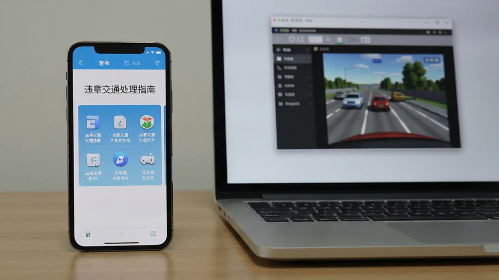 主体为一部智能手机和一台笔记本电脑并排放在桌面上,手机屏幕显示“违章交通处理指南”主界面,电脑屏幕显示模拟器窗口。布局为左右排列,风格写实,色彩中性,细节包括屏幕上的菜单图标,画质干净,无多余元素。