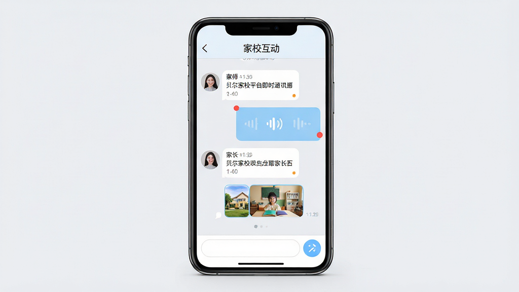 ���壺������Уƽ̨��ʱͨѶ���棬�ֻ���Ļ��ʾ��ʦ��ҳ��ĶԻ����ڣ������������ݡ���������ͼƬ����ͼ�����֣��ֻ��������У����챳��Ϊǳ��ɫ�������С���У���������⡣�Ű棺�Ի��������ҷֲ����ײ���������ԣ��з��Ͱ�ť����񣺼���罻Ӧ�÷��ɫ����ͣ��԰�ɫ��ǳ��ɫΪ����ϸ�ڣ�ͷ����������Ϣʱ����ɼ���δ�������ʾ�����ʣ����廭�棬ϸ�ھ��£������ɾ����޶���Ԫ�ء�
