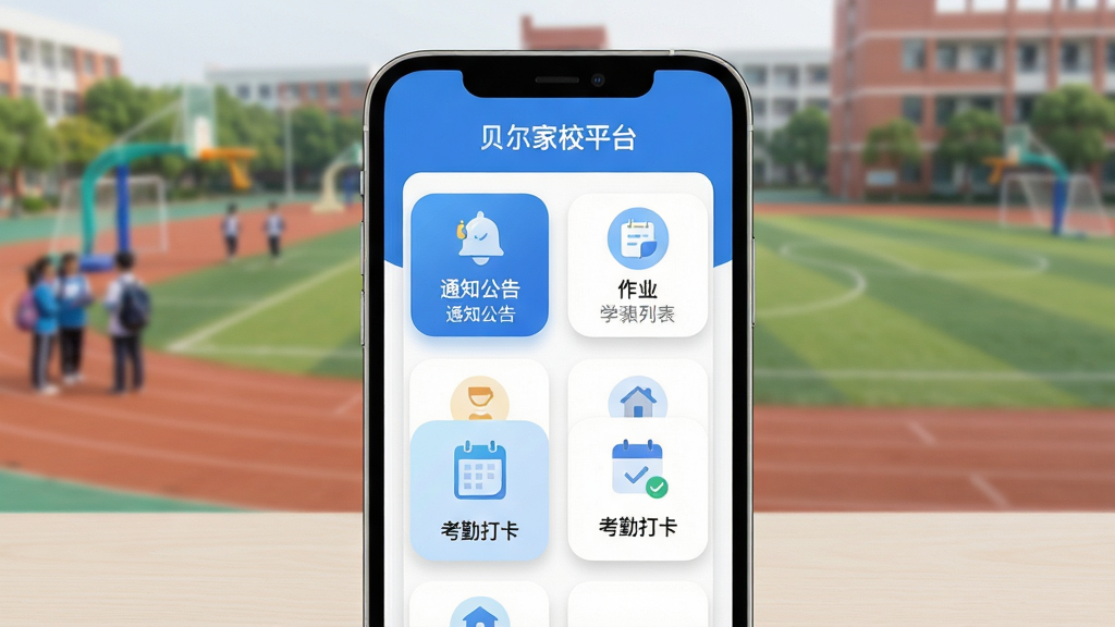 ���壺������Уƽ̨APP����չʾ���ֻ���Ļ��ʾ��У��ͨ��ҳ�棬����֪ͨ���桢��ҵ�б������ڴ򿨵�ģ��ͼ�꣬����ΪУ԰�ٳ��黯�����֣��ֻ����У���Ļ���������ɱ棬�������ף��·���ǳɫ���档�Ű棺�ֻ�����չʾ������ͼ���������У������С�������Уƽ̨������������ִ���ƽ����ƣ�ɫ����������������ɫ�Ͱ�ɫΪ��ɫ����ϸ�ڣ�ͼ��Բ������������������������Ӱ�����廭��ɾ����ࡣ���ʣ�������Ⱦ��ϸ�ڷḻ�����߾��ȣ��޶���Ԫ�ء�