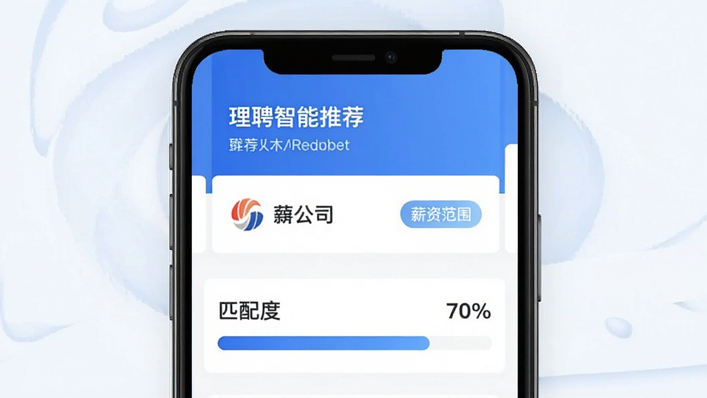 ��Ƹ�����Ƽ�����Ԥ��ͼ������Ϊ�ֻ�Ӧ�ý��棬����Ϊ���½ṹ���Ϸ�Ϊ�Ƽ�ְλ��Ƭ���·�Ϊ��ƥ��ȡ��ٷֱȽ�������������¼�࣬������ɫ��ϸ�ڰ���ְλ���ơ���˾logo��н�ʷ�Χ��ǩ�����������ɾ����޶���Ԫ��
