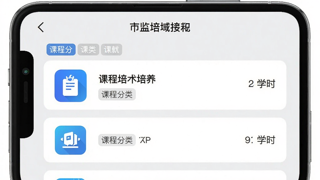 ��������Ϊ���м��˲�������APP�γ��б�ҳ�棬���ÿ�Ƭʽ���֣������ʾ�γ�ͼ�꣬�Ҳ���ʾ�γ�������ѧʱ������Ϊǳ��ɫ�������������죬ϸ�ڰ����γ̷����ǩ�����ʸɾ��������޶���Ԫ��