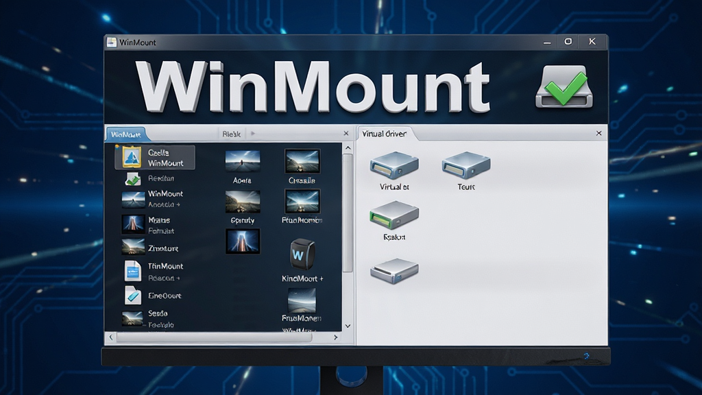 ���壺һ̨����WinMount�����ĵ�����Ļ��д��������ʾ�ѹ��ض�������ļ������֣���Ļ������ʾ���������ڣ�����б�չʾ�����ļ����Ҳ���ʾ�������������Ű棺��Ļ��Χ�м�������ɫ�Ƽ��б�������׺��ӰЧ�������дʵ3D��Ⱦ��񣬸������ȣ�ϸ�ڣ��������ơ�WinMount���԰�ɫ��������ʾ�ڴ��ڶ������Ҳ��������ͼ�������ɫ�Թ������ʣ�8K���壬�ɾ����޶���Ԫ��