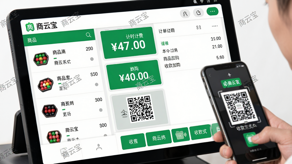 ���壺���Ʊ�����������д����ʾ̨������ʱ�Ʒѡ���Ʒ�ӹ����տ��ά�롣���֣������Ʒ�б����Ҳඩ����ϸ���ײ�Ϊ�տʽ��ť���Ű棺����������ʾ�����ܰ�ť�������롣��񣺱�ƽ����ƣ���ɫ���ɫ���䣬ͻ�������Ʊ���Ʒ�Ʊ�ʶ��ϸ�ڣ���Ļ���С����Ʊ���ˮӡ���˿��ֻ�ɨ��֧�����������ʣ��������ȣ�ɫ�����ޣ��޶������