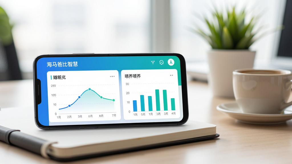 ���壺һ����׿�ֻ�������ʾ�����ֱ��ǻ�APP��ͳ��ͼ�����棬�Ա߷��űʼǱ��Ϳ��ȱ������֣��ֻ��ڻ�������ƫ���Ҳ�Ϊģ���İ칫���������Ű棺����ͼ��������ɫ��������Ϊ������������Լ�磬ͻ�����ݿ��ӻ���ϸ�ڣ���Ļ���С������ֱ��ǻۡ�������ͼ����ʾ˯�����ߺ�ι����״ͼ����������ֲ��׺�����ʣ��߷ֱ��ʣ��ɾ��������޶���Ԫ�ء�