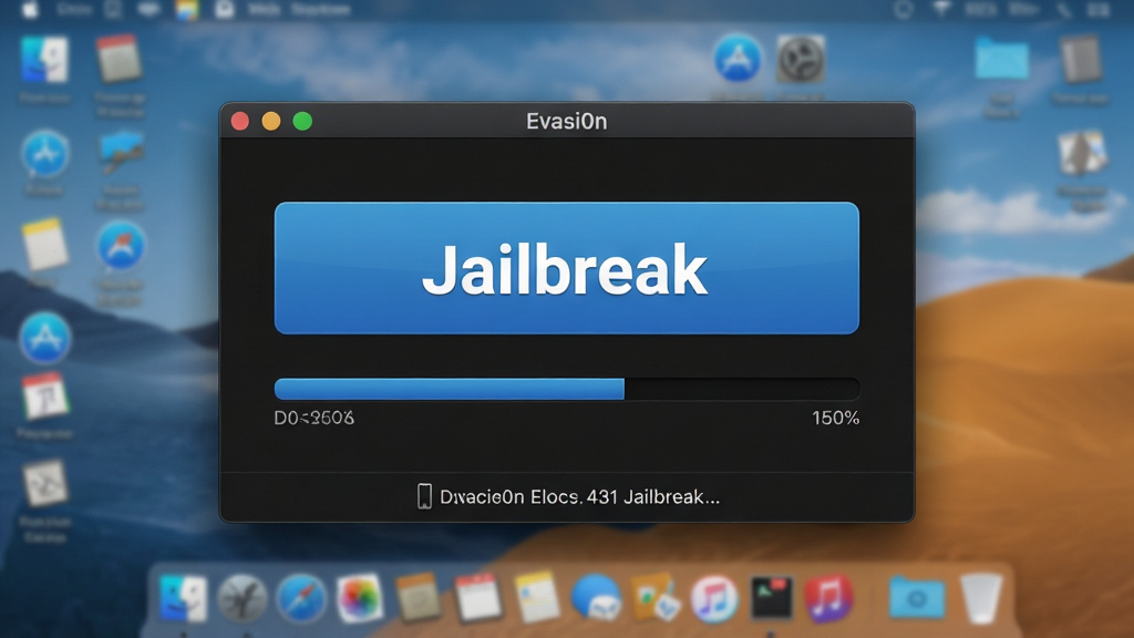 ���壺Evasi0n�������������ͼ����������ʾ��Jailbreak����ť�ͽ����������֣�������У���ť��Ŀ������Ϊģ���ĵ������档�Ű棺������ˣ���ť��ɫΪ��ɫ���䣬������UI���ͳһ������ִ���ƽ����ƣ���ɫ���⣬�߶Աȶȡ�ϸ�ڣ���ť���а�ɫ��Jailbreak�����֣���������ʾ�ٷֱȣ�����ײ����豸��Ϣ�����ʣ����壬�ɾ����޶���Ԫ�ء�