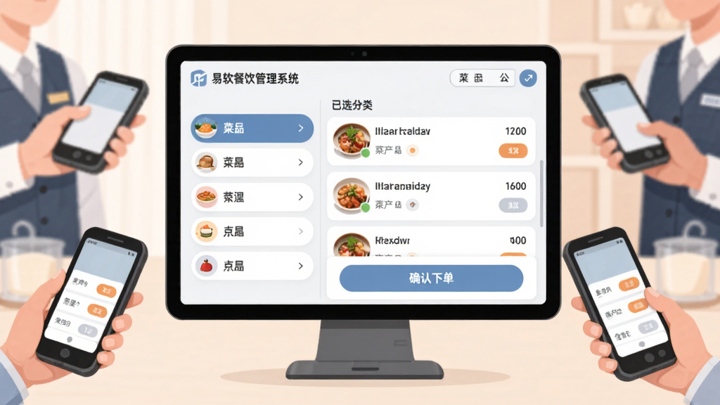 ���壺������������ϵͳ��ͽ��棬���Ϊ��Ʒ���࣬�Ҳ�Ϊ��ѡ��Ʒ�б������֣���Ļ���У���Χ�з���Ա�ֳ��նˡ��Ű棺�����࣬��ťԲ�󡣷�񣺱�ƽ����ơ�ϸ�ڣ���Ļ��ʾ��������������ϵͳ��Logo�͡�ȷ���µ�����ť�����ʣ����壬ɫ����ͣ��޶���Ԫ�ء�