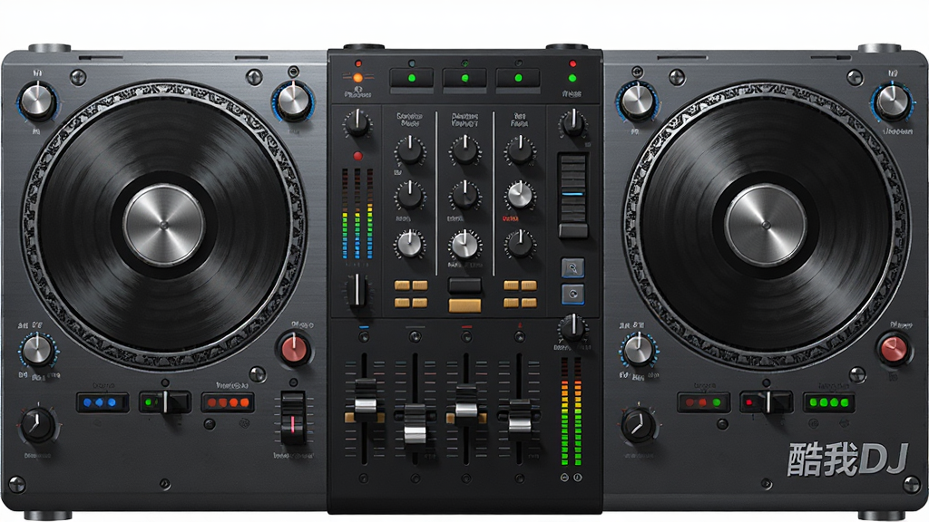 ���壺����DJ�����е�����DJ����̨����������Բ�ε������м�Ļ���̨��塣���֣��������У���������λ�����ң�����̨λ�����룬�·��ж���Ƹ˺���ť���Ű棺����̨Ԫ���ܼ����������룬��ť���Ƹ˴��н����ʸС����дʵ���������ɫ�����������ɫָʾ�ƣ��Ƽ���ǿ��ϸ�ڣ�����Բ�̴���ͬ��Բ����������̨�Ƹ��·��в�ɫ��ƽָʾ����������DJ��LOGOӡ��������½ǡ����ʣ�4K�߾�����Ⱦ���ʸ���ʵ���ɾ����޶���Ԫ�ء�
