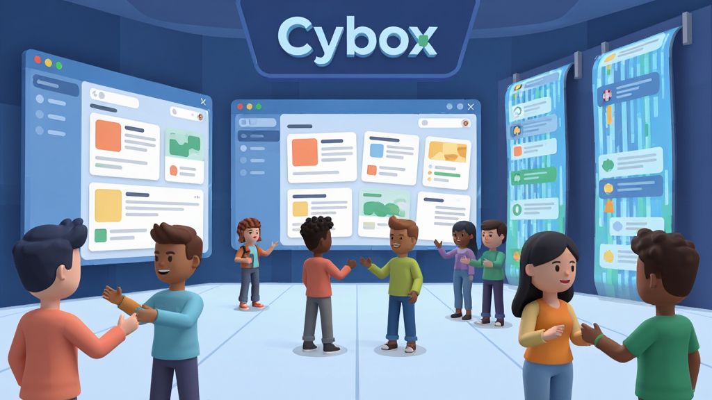 չʾCybox�����㳡�ĺ�滭�棬�����ж�������������ͷ���ڻ����������ǳ���δ���е���̳�������Ϣ�ٲ����������С�Cybox����ʶ�����ֲ��ù���ӽǣ�չ�������ķ������Ԫ���Ű��ϣ���Ƭʽ���ݲ����������򡣷��Ϊ��ƽ����3D��ϣ�ɫ�����죬���л��������ʸɾ����޶���Ԫ�ء�