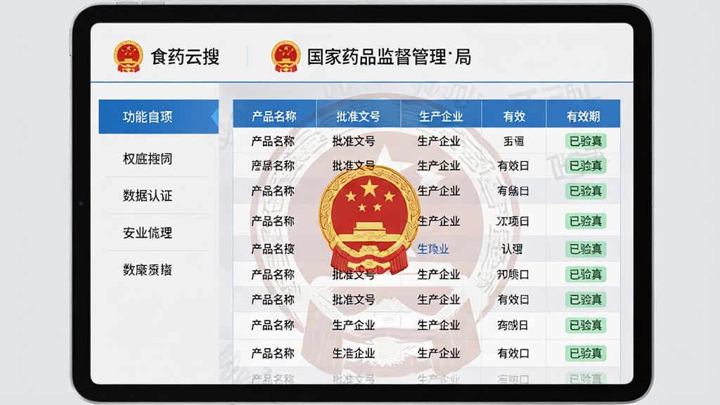 ���壺��ʳҩ���ѡ�������ƽ�������չʾȨ��������֤ҳ�棬���йٷ�����ˮӡ�����֣�ƽ�����չʾ��ҳ���Ϊ�������������Ϊ���ܲ˵����Ҳ�Ϊ��ϸ��ҩƷ������Ϣ�����Ű棺���������ݱ����ֶΰ�����Ʒ���ơ���׼�ĺš�������ҵ����Ч�ڵȣ���ͷ��������������Ͻ���񣬱���Ϊ����ɫ��ʹ����ɫǿ��ɫ��ϸ�ڣ�ҳ�涥����ʾ������ҩƷ�ල�����֡��������������С������桱��ɫ��ǩ�����ʣ�ϸ����棬�ɾ������޶���Ԫ�ء�