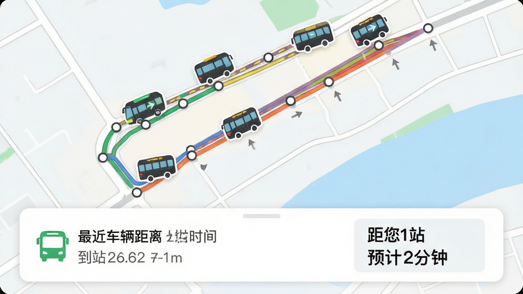 ���壺��������APP�Ĺ���ʵʱ��ѯ���棬��ͼ����ʾ����������ͼ������·�ƶ������֣���ͼռ����Ļ�󲿷֣��ײ�����·���鿨Ƭ����ʾ������������뵽վʱ�䡣�Ű棺��ͼ�����������Ƭ��Ϣ��ࡣ��񣺵�ͼ����Լ��������·�ò�ɫ������ע��ϸ�ڣ�������ͼ����з����ͷ��վ����Բ��������Ƭ����ʾ������1վ������Ԥ��2���ӡ����������ʣ������ͼ��Ⱦ���ɾ����޶���Ԫ�ء�