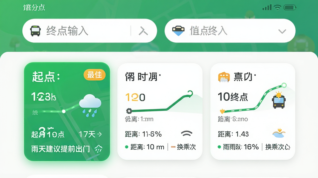 ���壺��������APP�ĳ��й滮ҳ�棬չʾ����㵽�յ�Ķ���·�߶Աȡ����֣�����Ϊ����յ�������в�Ϊ����·�߿�Ƭ���ֱ��עʱ�䡢���롢���˴������Ű棺·����Ϣ����չʾ���Ƽ�·�߸�����ʾ����񣺿�Ƭʽ��ƣ�Բ�Ǳ߿���ɫ��ɫ����ϸ�ڣ��Ƽ�·�ߴ��С���ѡ���ǩ������ͼ����ʾС�꣬��ʾ���֡����콨����ǰ���š������ʣ�����ɾ����޶���Ԫ�ء�