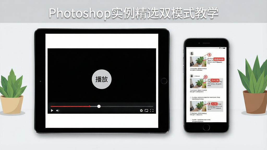 һ��չʾPhotoshopʵ����ѡ˫ģʽ��ѧ��ʾ��ͼ������Ϊƽ��������ֻ����Űڷţ���Ļ�зֱ���ʾ��Ƶ���Ž�����ͼ�Ľ̳̽�ͼ����Ƶ�������С����š���ť���������ͼ��ҳ�в��������ɫ��ע���������ҷֿ����Ű��г�����Ϊ�ִ���ƽ����ϸ�ڰ����豸��Ӱ��������ֲװ�Σ����ʸɾ��޶���Ԫ�ء�