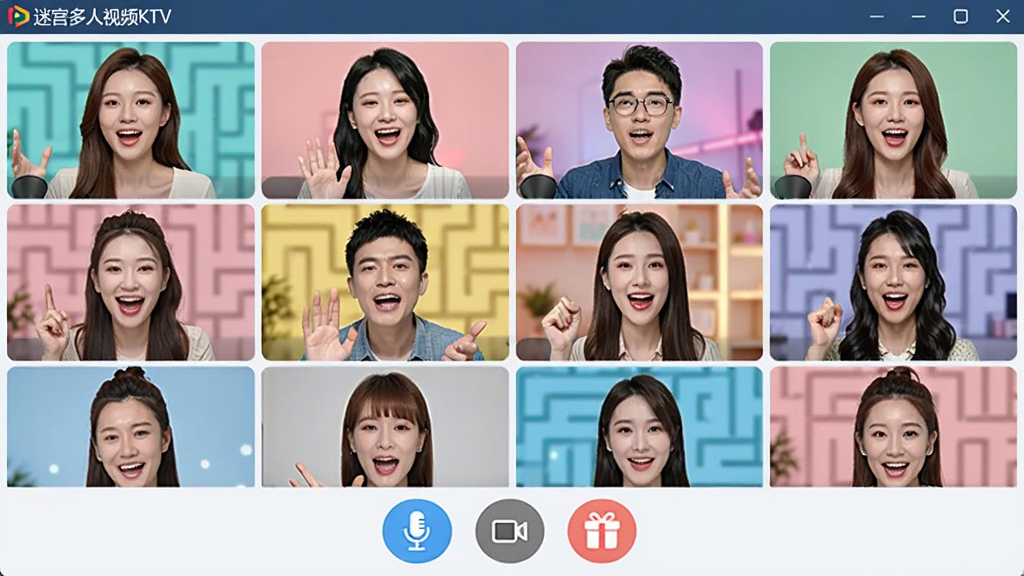 һ��չʾ�Թ�������ƵKTV������Ƶ��������ͼƬ�������ж����Ƶ�����������룬ÿ���������ǲ�ͬ���û����ڿ��ĳ��裬�����·�����˷硢����ͷ������ȿ��ư�ť����������������������������ɾ��޶���Ԫ�أ�ͼƬ����ʾ�������ơ��Թ�������ƵKTV����