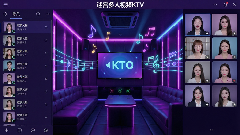 һ��չʾ�Թ�������ƵKTV����������ĸ���Ԥ��ͼ����������������KTV���䳡�����������޺�ƺ�����Ԫ�أ��������Ϊ�����б����Ҳ�Ϊ��Աͷ����Ƶ���ڣ�����ɫ������ɫ����ɫΪ�����Ƽ���ʮ�㣬�����������Ű�������ɾ��޶���Ԫ�أ�ͼƬ����ʾ�������ơ��Թ�������ƵKTV����