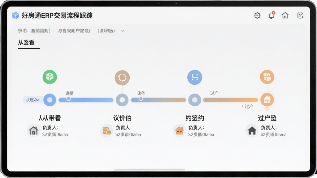 �÷�ͨERP�������̸��ٽ��棬չʾ�Ӵ�������ۡ�ǩԼ�������Ľ�������ÿ���ڵ���״̬ͼ��͸�������Ϣ������ǳ�ң���ɫ��ͣ����ʸ���