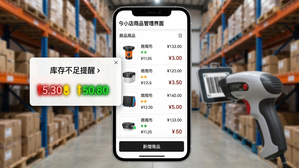 ���壺��С����Ʒ�������棬��Ļ��ʾ��Ʒ�б������������ײ��С�������Ʒ����ť������Ϊ�ֿ������ɨ��ǹ�����֣��ֻ���Ļռ�����Ӿ�������������Ԥ���������Ű棺��Ʒ�б��������У���������ú���̱�ʶ����񣺼��ʵ�ã��׵׺��֣�ǿ�����ܡ�ϸ�ڣ���ƷͼƬ���۸񡢿������������������Ϊ����治�����ѡ������ʣ����壬�ɾ����޶���Ԫ�ء�