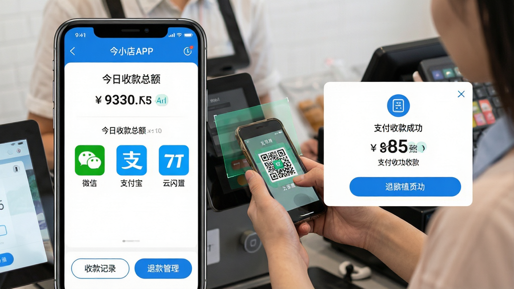 ���壺��С��APP�ۺ��տ�ܽ��棬��Ļ����ʾ����֧����ʽͼ�꣨΢�š�֧�����������������������տ��ܶ���֣�����Ϊ����Ա����ɨ��˿��ֻ���ά���ʵ�ĳ��������֣��ֻ�����ռ����࣬�Ҳ�Ϊ֧���ɹ���ʾ����������ƽ�⡣�Ű棺��Ϣ�㼶�������տ���������Ӵ֣�֧����ʽͼ���������롣��������Լ��������ɫΪ����ϸ�ڣ�����ײ��С��տ��¼�����˿��������ť���������������ʣ����壬�ɾ����޶���Ԫ�ء�
