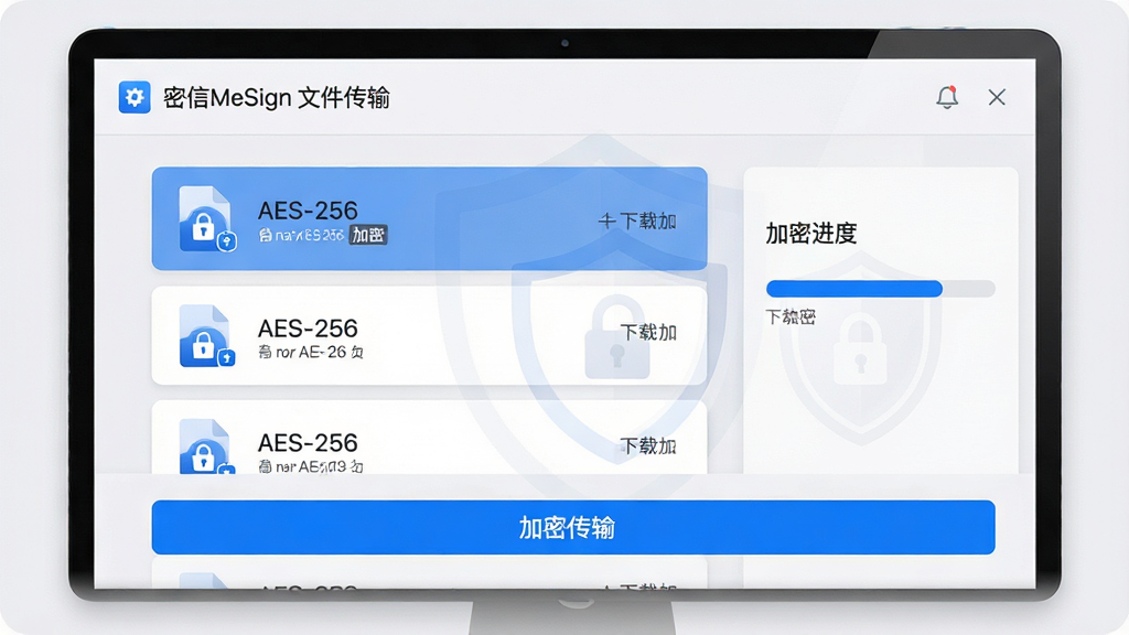 ���壺����MeSign�ļ�������棬չʾ�����ļ��ϴ������ع��̣����֣�����Ϊ�ļ��б����Ҳ�Ϊ���ܽ��������ײ��С����ܴ��䡱��ť���Ű棺��Ƭʽ��ƣ��ļ�ͼ������α�ǣ���������࣬ǳ��ɫ��������ɫ������ϸ�ڣ��ļ��������С�AES-256�����ܱ�ʶ�������ж���ˮӡ�����ʣ����壬�ɾ����޶���Ԫ��