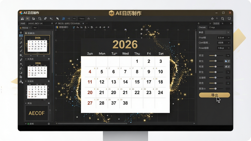 ���壺һ̨������Ļ��ʾAE���������������棬����������һ��������2026����������Χ�ж�̬������Ч�����֣����й�ͼ����������ռ�������壬�����Ŵ�չʾ�������ģ���б����Ҳ��в���������壻�Ű棺����չʾ�������ơ�AE�����������ڴ��ڱ�����������Ԫ���������У�ɫ����������ɫΪ������񣺿Ƽ�������Ƹн�ϣ�����ͨ͸�����ƹٷ���Ʒ����ͼ��ϸ�ڣ������ϵ��������������ɱ棬��������΢�������ߣ����ָ����ͣ�ڡ���������ť�ϣ����ʣ�8K�ֱ��ʣ��ɾ��޶���Ԫ��