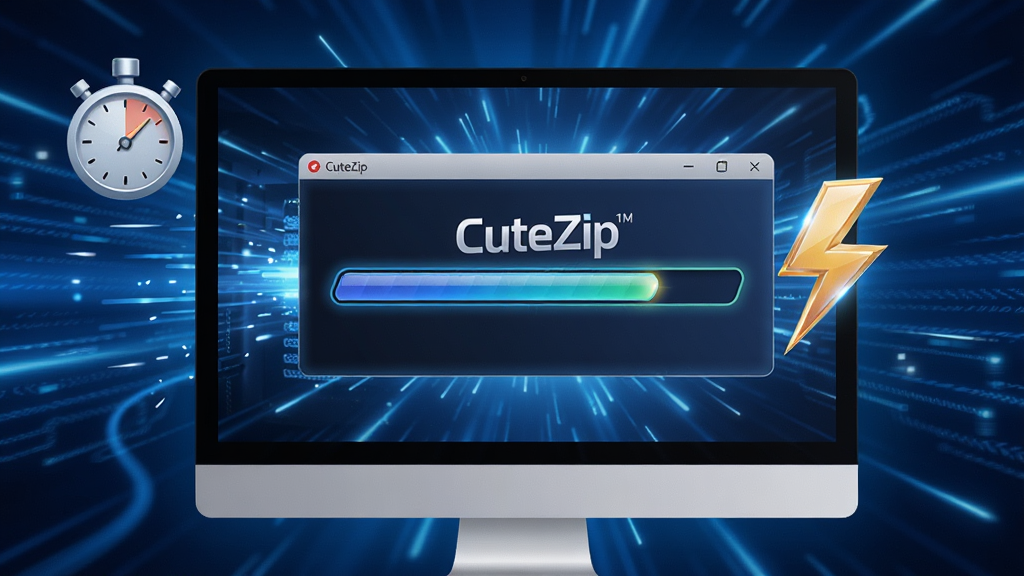 һ̨�����ܵ�����Ļ����ʾCuteZip�������棬����������ǰ�����Ա������ͼ�������ͼ�Σ�����Ϊ��̬��ɫ�Ƽ���Ч������ͻ���ٶȸУ����־��⣬�ִ����ϸ�����������ʸɾ����޶���Ԫ�ء�