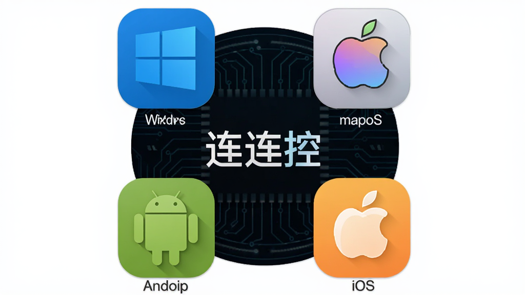 ���壺������������ƽ̨ͼ��չʾ������Windows��macOS��Android��iOS Logo�����֣���öͼ��ʻ������У�����Ϊ�������ء��������Ű棺�Գƾ��⣬ɫ�ʸ��졣��񣺿Ƽ��У�����Ϊ��ɫ��·��������ϸ�ڣ�ÿ��ͼ���·���ע��Ӧϵͳ���ƣ�����Э�������ʣ����壬�ɾ����޶���Ԫ�ء�