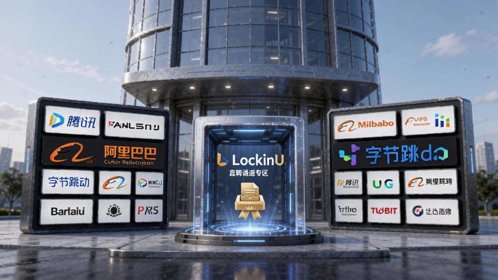 һ��չʾLockinU����ֱƸר���ĸ���ͼ������Ϊ�����¥ǰ��������Ѷ������Ͱ͡��ֽ���������ҵLogoǽ���м������ű��С�LockinU����ֱƸͨ�������ֶԳƣ��Ű�������������Ƽ��У�ϸ�ڰ�����ɫVIP��ʶ�ͼ���Ͷ��ͼ�꣬���ʸ߼��ɾ����޶���Ԫ��