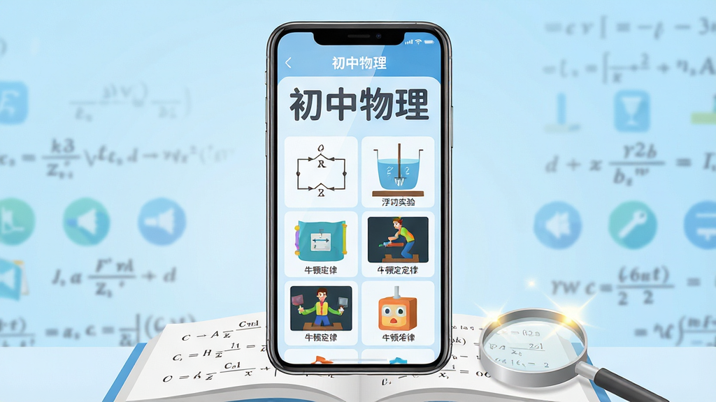 ���壺һ�������ֻ���Ļ��ʾ������������Ӧ�ý��棬�������е�·ͼ������ʵ�顢ţ�ٶ��ɶ�����Ԫ�أ�����Ϊǳ��ɫ���䡣���֣��ֻ����У��������ף��·��д򿪵��鱾�ͷŴ󾵡��Ű棺��Ļ��������ʾ�������������ĸ����֣�����ΪԲ�壬�������񲼾֣�ͼ�����롣����ִ���ƽ���������ɫ�����죬�ɾ����ࡣϸ�ڣ��ֻ���Ļ���⣬�鱾ҳ�����й�ʽ���Ŵ����й�ߡ����ʣ������壬��Ⱦϸ�壬�ɾ����޶���Ԫ�ء�