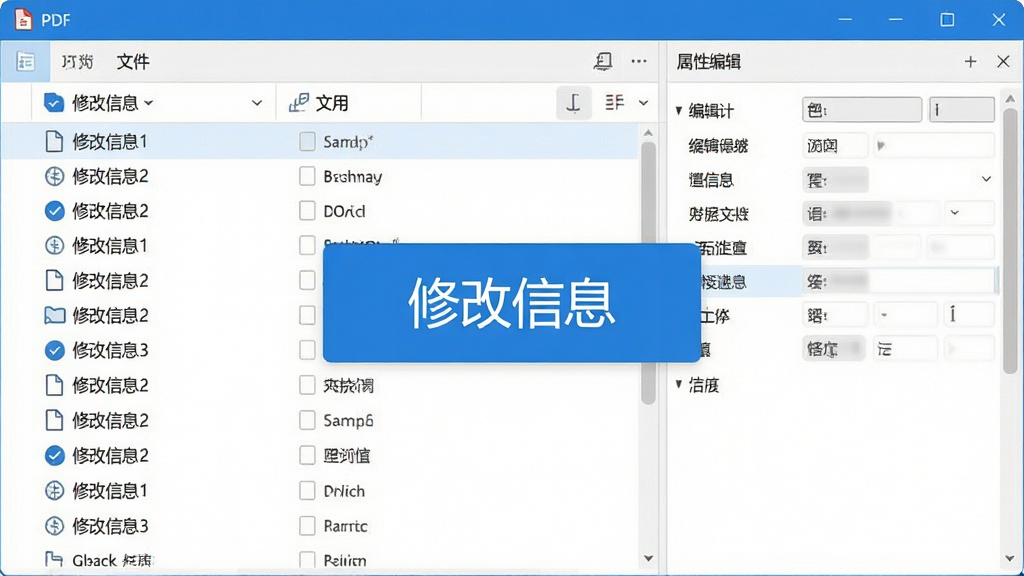 һ��չʾPDF�ļ���Ϣ�޸Ĺ���������ĸ����ͼ���������Ϊ�ļ��б����Ҳ�Ϊ���Ա༭��壬�м��ť��ʾ���޸���Ϣ�������������ִ���������ɫ�����ʸɾ����޶���Ԫ��