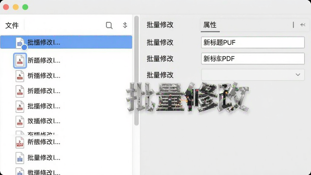 չʾPDF�ļ���Ϣ�޸Ĺ��������������PDF�ļ��Ľ��棬����ļ��б����ж���ļ���ѡ�У��Ҳ�������ͳһ��д�±��⣬����Ϊǳ��ɫ�����沼�����������ֱ�ע�������޸ġ������ʸɾ����޶���Ԫ��