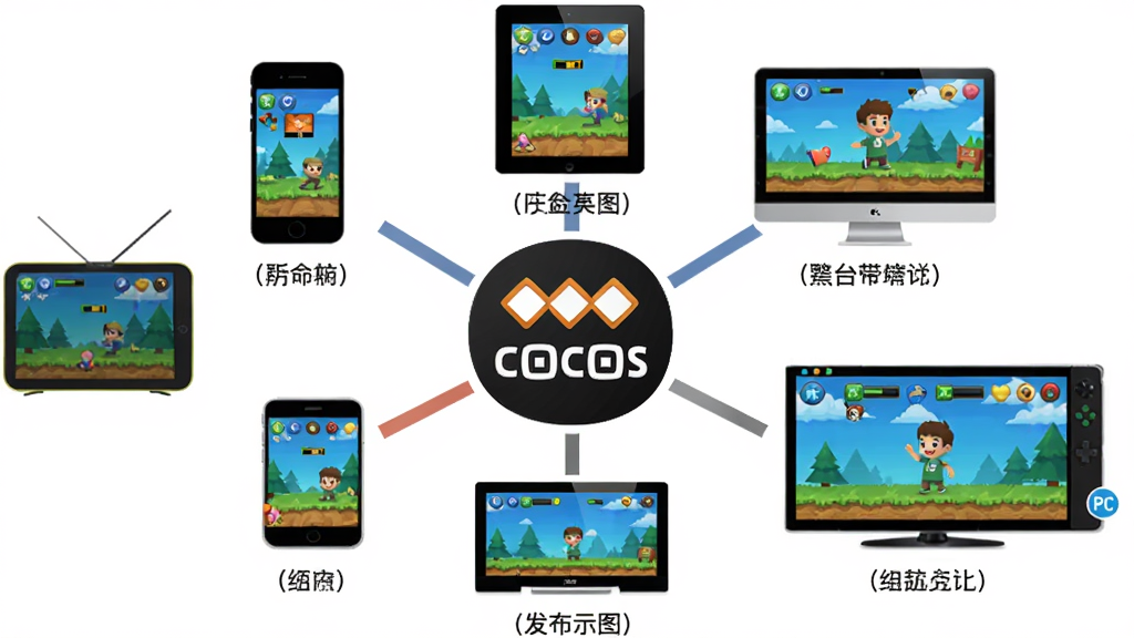 ���壺Cocos�����ƽ̨����ʾ��ͼ������ΪCocos��־����Χ���ƶ���豸ͼ�꣨�ֻ���ƽ�塢PC�����ӣ������֣����ĶԳƣ���ƽ̨ͼ��ʻ������У������������ӵ����ġ��Ű棺ͼ���·���עƽ̨���ơ���񣺱�ƽ����ƣ�ɫ��������ϸ�ڣ�ÿ���豸ͼ���ϴ���С��Ϸ��������ͼ�����ʣ����壬�ɾ����޶���Ԫ�ء�
