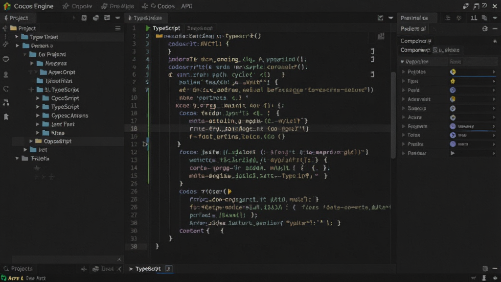 ���壺Cocos����Ĵ���༭����ͼ����ʾTypeScript���롣���֣����Ϊ��Ŀ�ļ������Ҳ�Ϊ����༭�������������ʾ���Ű棺������������ע�͡���񣺼��Ĵ���༭�����ϸ�ڣ������е���Cocos API���Ա������������塣���ʣ����壬�ɾ����޶���Ԫ�ء�
