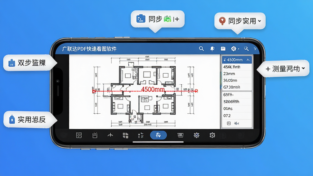 ���壺������PDF���ٿ�ͼ�����ڰ�׿�ֻ������еĽ��棬�ֻ�������ʾͼֽ���ײ��й��������Ҳ��в�����������֣��ֻ����У�����Ϊ������ɫ����Χ�������Ĳ�����ʾ���ݡ��Ű棺������������ť��С�ʺϴ��ء�����ƶ��ˡ�ʵ�á�ϸ�ڣ��ֻ���Ļ���к�ɫ���߱�ע����������ʾ��4500mm����������ͬ��״̬ͼ�ꡣ���ʣ����壬�ɾ����޶���Ԫ�ء�
