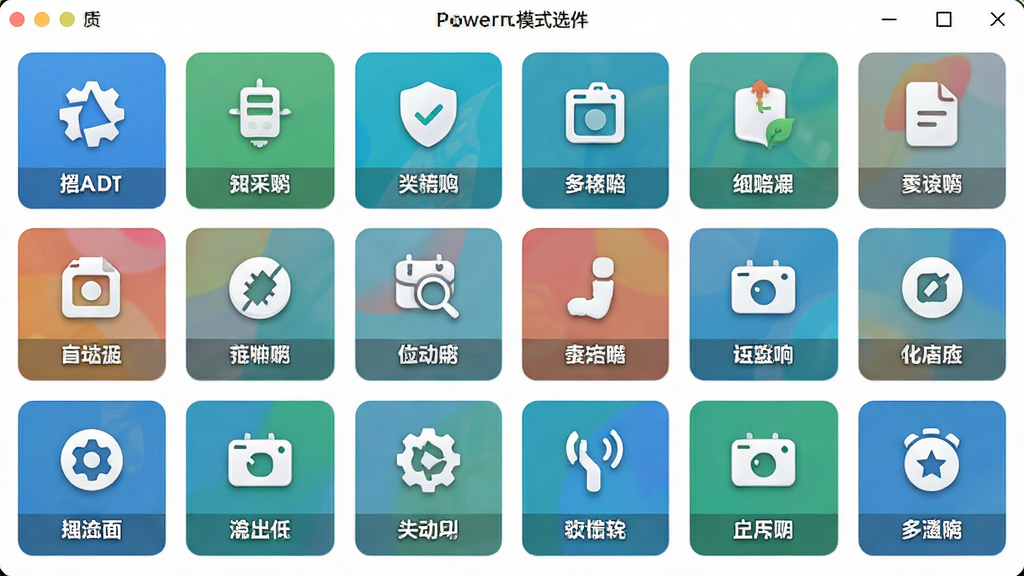 PowerOff������ģʽѡ����棬����Ϊ��������Ĺ���ͼ�꣬���ֲ�������״�ֲ����Ű���ȶԳƣ�����������죬ϸ�ڰ���ÿ��ͼ���·������ı�ǩ˵�������������ɾ����޶���Ԫ��